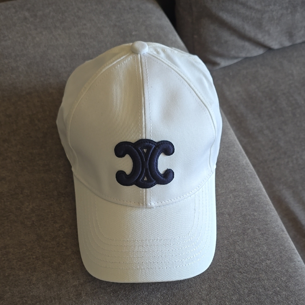Celine White Cap with Dark Blue Emblem
